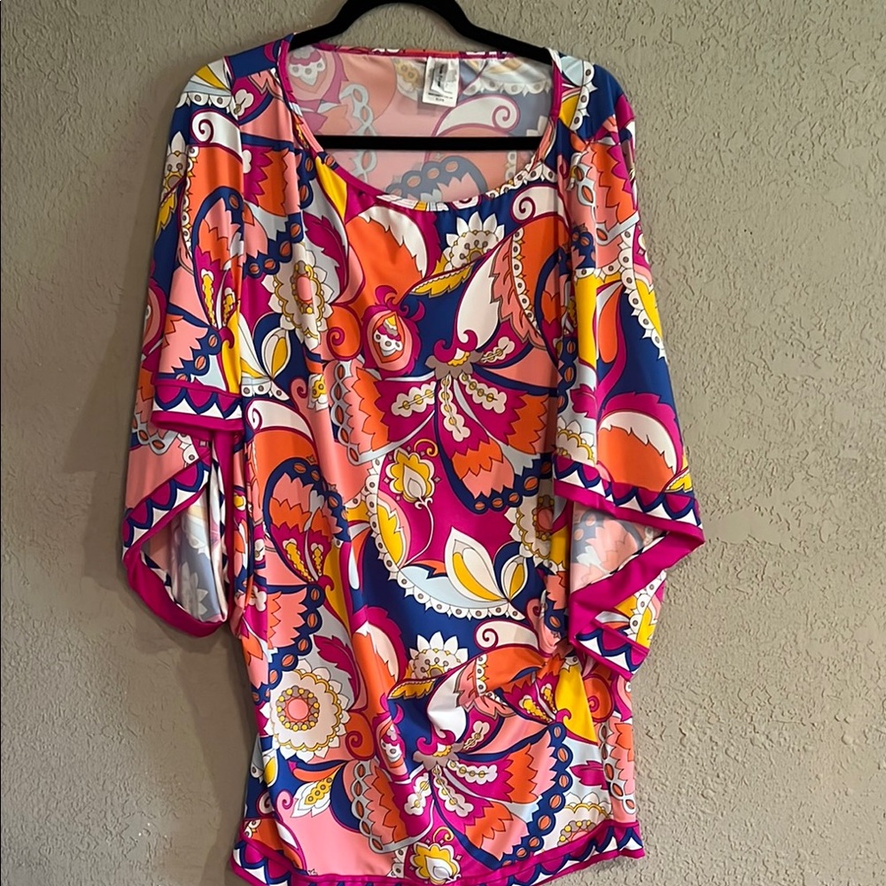 Trina Turk Pink and Orange Swimsuit Cover Up with Dolman Sleeves, XL,